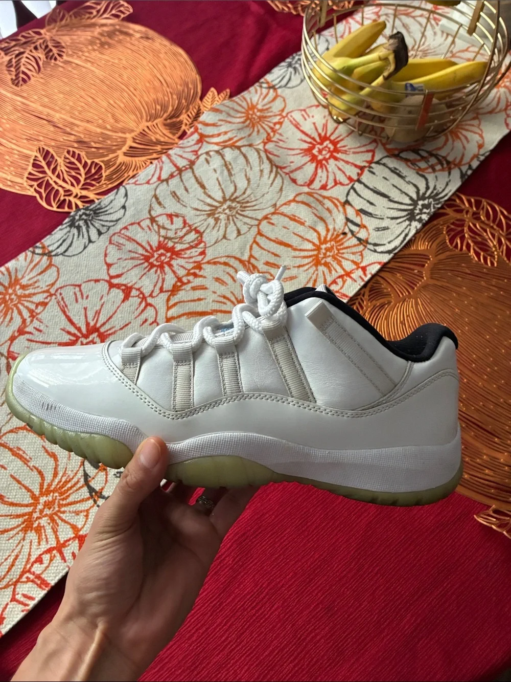 Jordan White Low-Top Sneakers with Pale Yellow-Green Sole